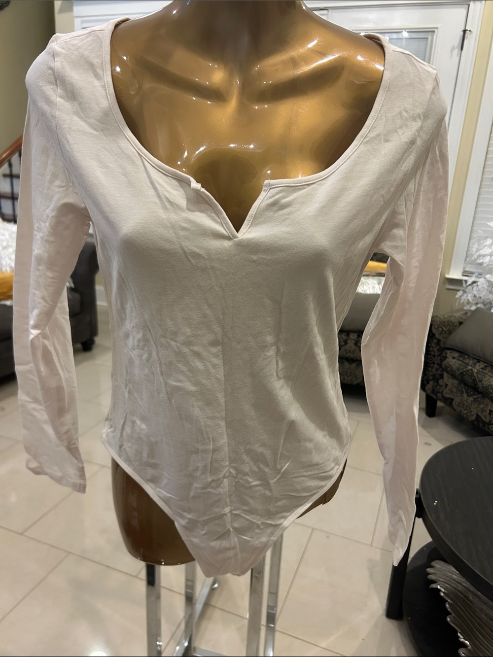 PINK Victoria's Secret Cream Long Sleeve Notch Neck Bodysuit